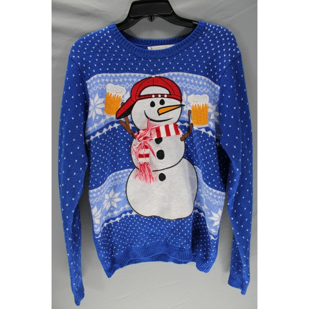 Jolly Sweaters Mens Medium Blue Ugly Christmas Sweater Knit Snowman Beer Winter